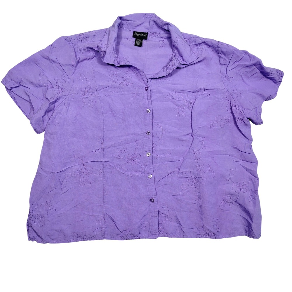 Maggie Barnes Button Up Shirt Women 3X Purple Floral Embroidered Linen Blend